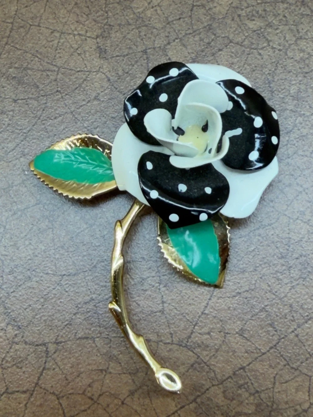 Black & White Polka Dot Flower Brooch with Green Leaves
